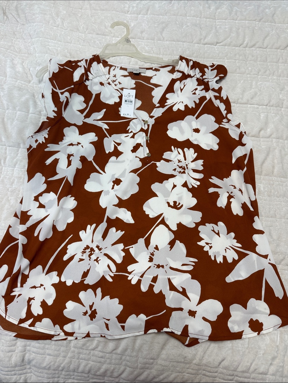 LOFT Rust and White Floral Sleeveless V-Neck Blouse